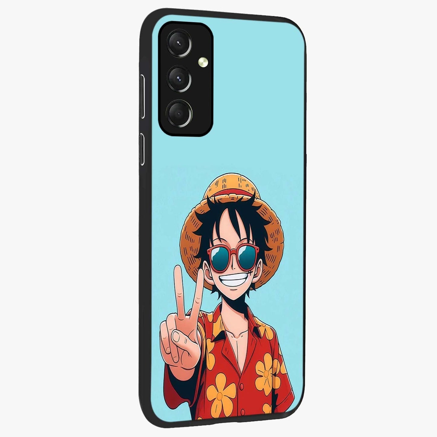 Luffy Summer Anime Vibe Glass Case upright view showcasing dynamic anime artwork with bright adventurous theme.
