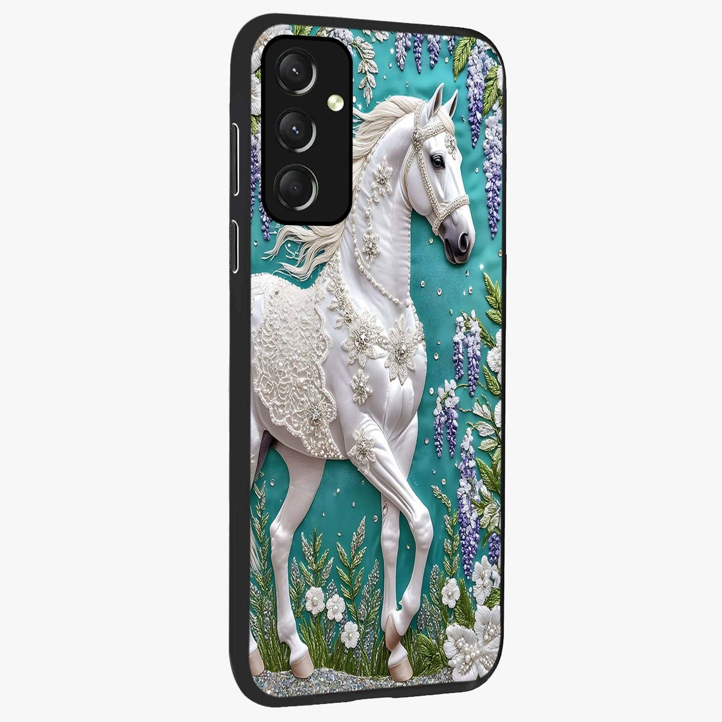 Majestic Floral Stallion Glass Case upright view showcasing dramatic horse artwork with decorative floral theme.