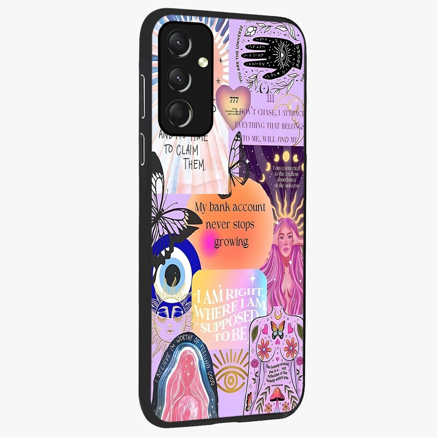 Manifestation Collage Glass Case upright view showcasing artistic manifestation themed artwork with creative style.