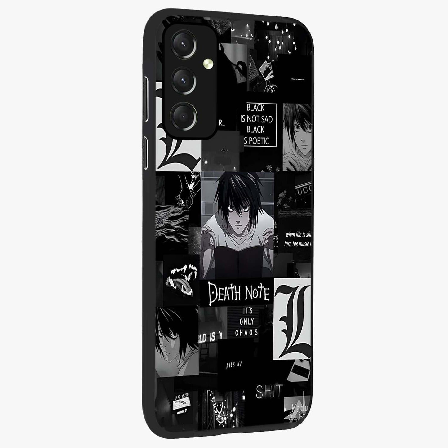 Midnight Chaos Mind Glass Case upright view showcasing expressive abstract artwork with bold dark theme.
