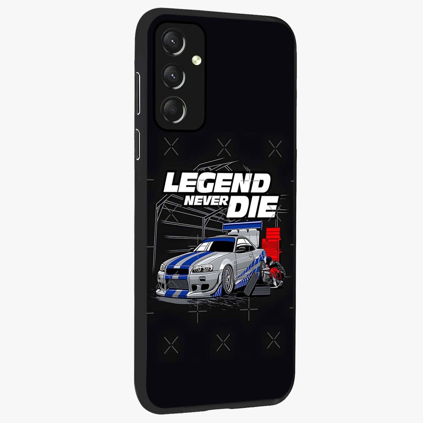 Midnight Racing Legacy Glass Case upright view showcasing powerful racing artwork with modern sports theme.