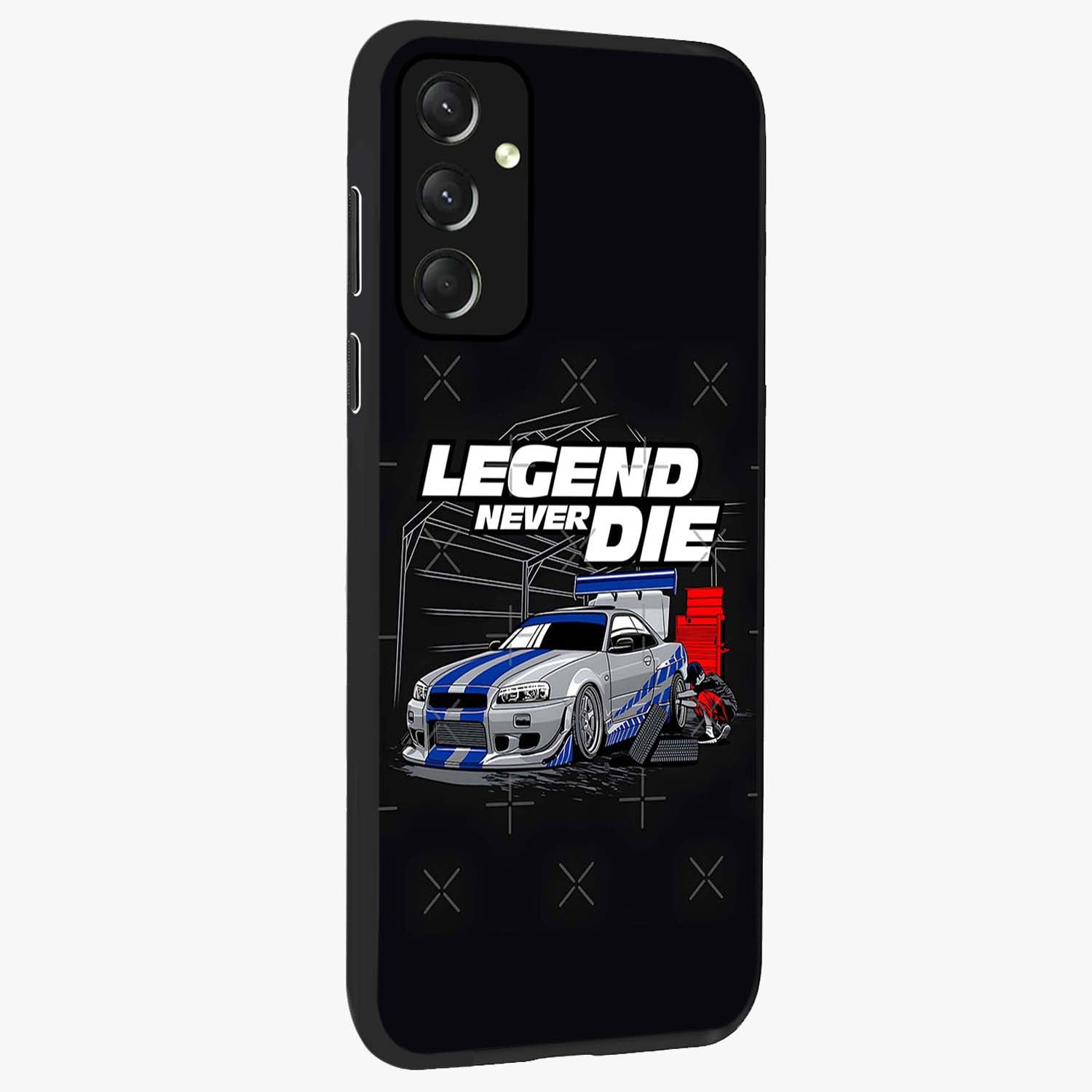 Midnight Racing Legacy Glass Case upright view showcasing powerful racing artwork with modern sports theme.