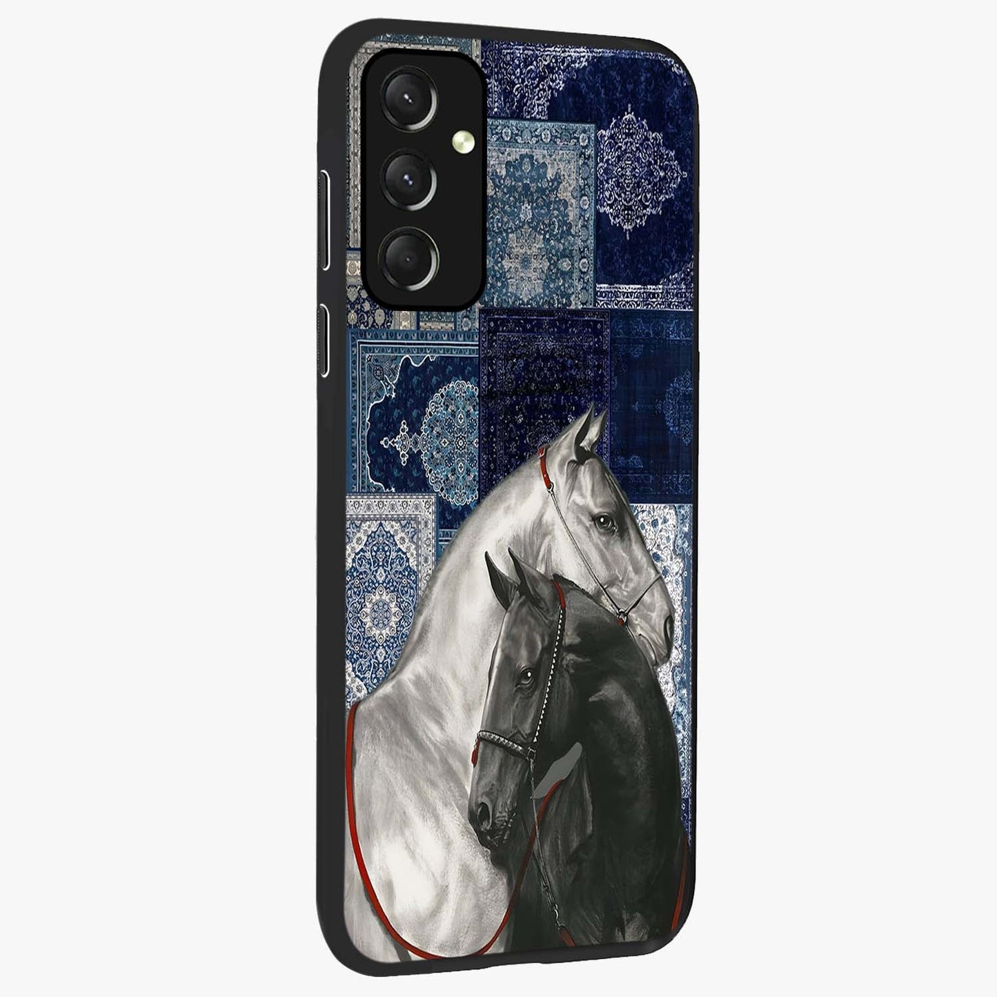 Midnight Stallion Blues Glass Case upright view showcasing dramatic horse artwork with bold artistic theme.
