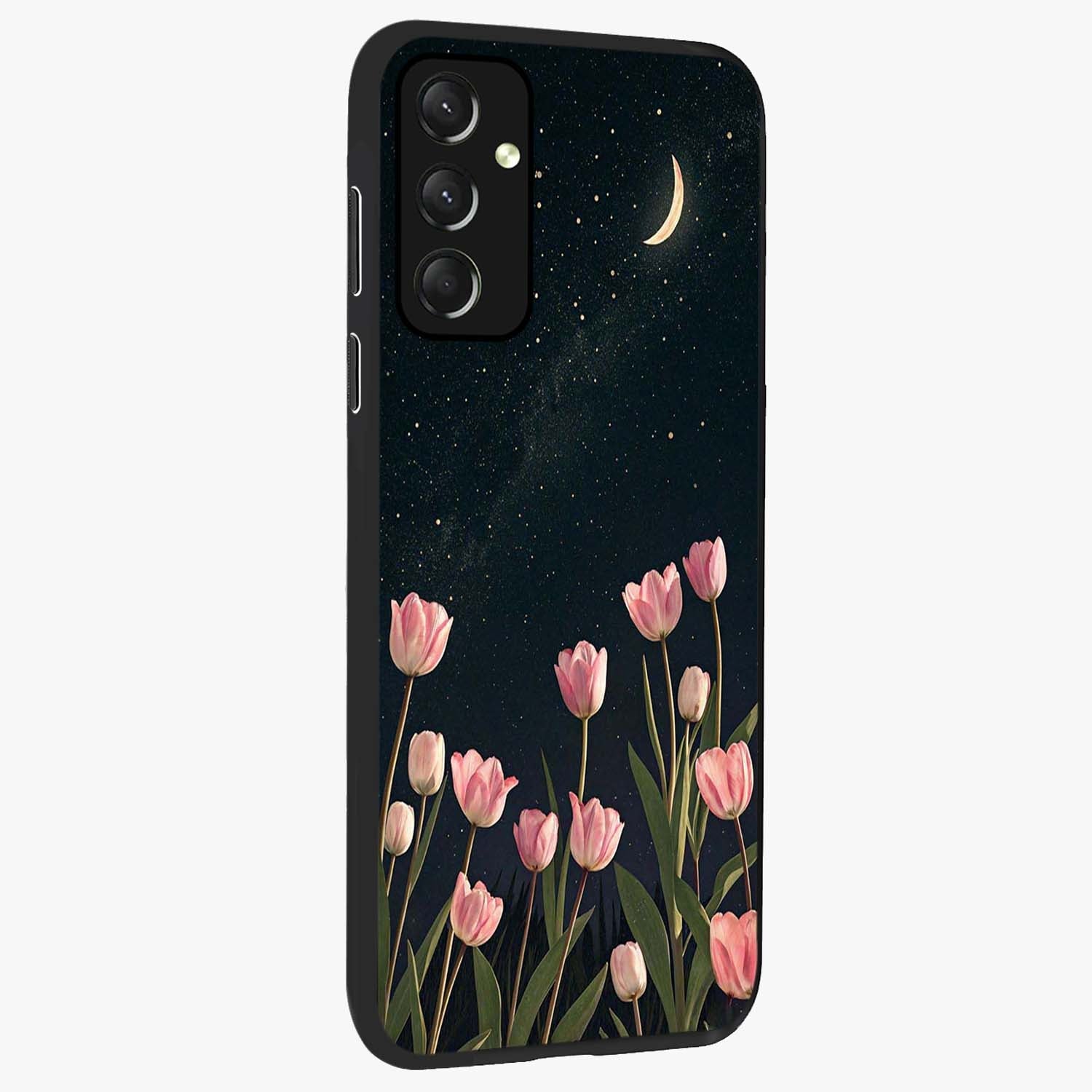 Midnight Tulip Whispers Vibe Glass Case upright view showcasing graceful tulip artwork with calm botanical theme.
