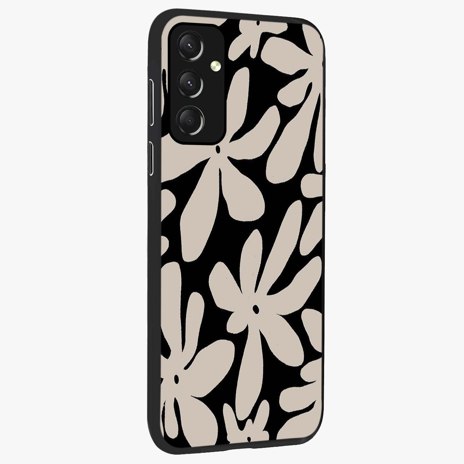 Monochrome Petal Dance Glass Case upright view showcasing artistic floral pattern with stylish monochrome theme.