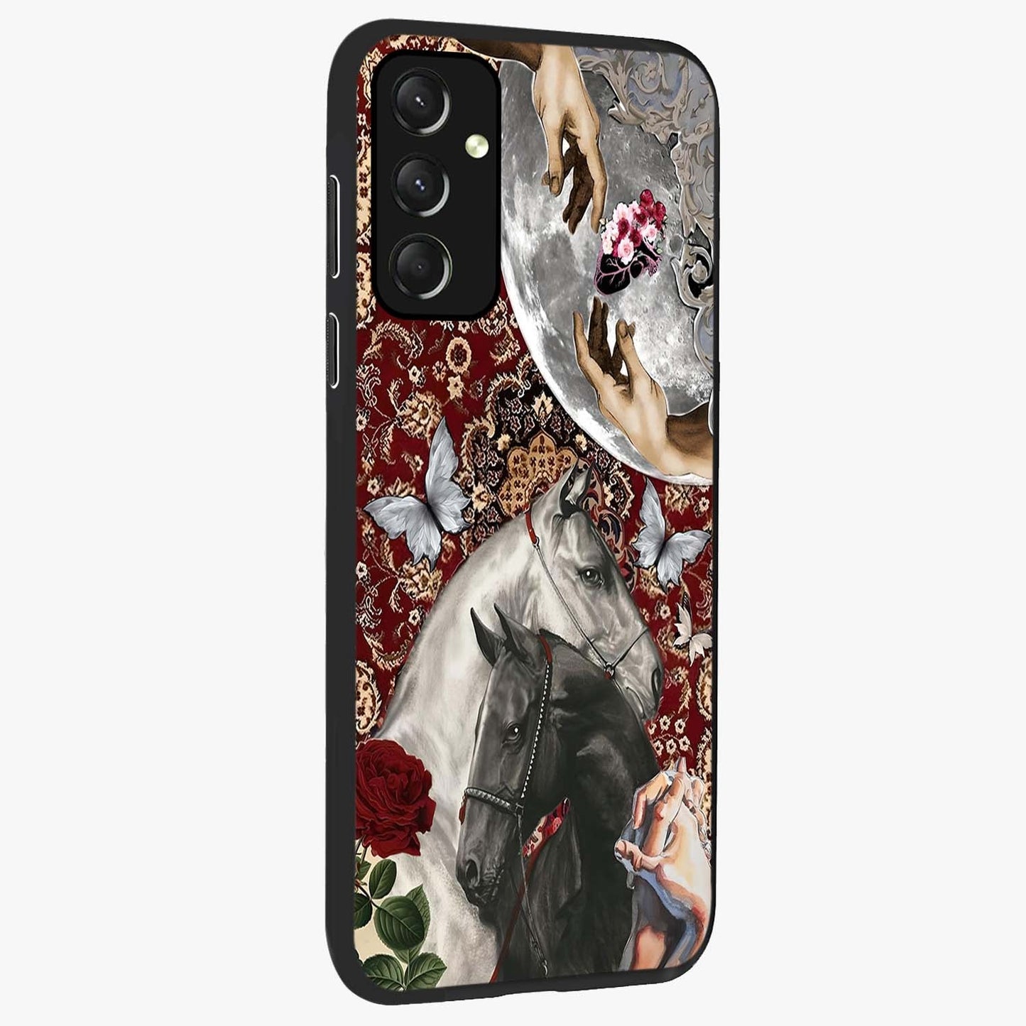 Moonlit Royal Stallion Glass Case upright view showcasing dramatic horse artwork with glowing moon themed design.