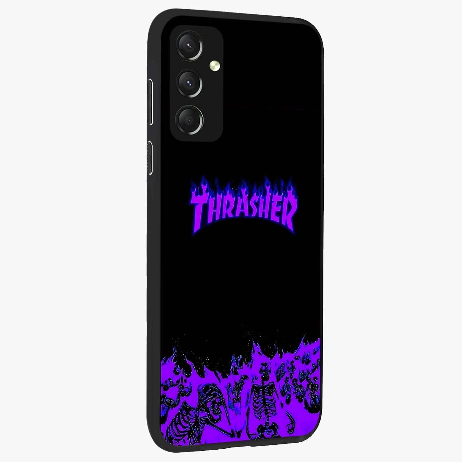 Neon Flame Riot Glass Case upright view showcasing dynamic flame artwork with energetic neon theme.