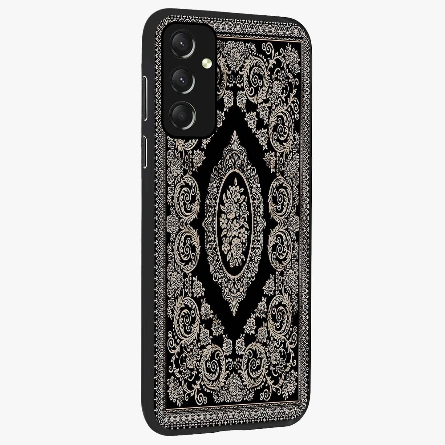 Noir Bloom Elegance Glass Case upright view showcasing graceful floral artwork with luxurious dark theme.