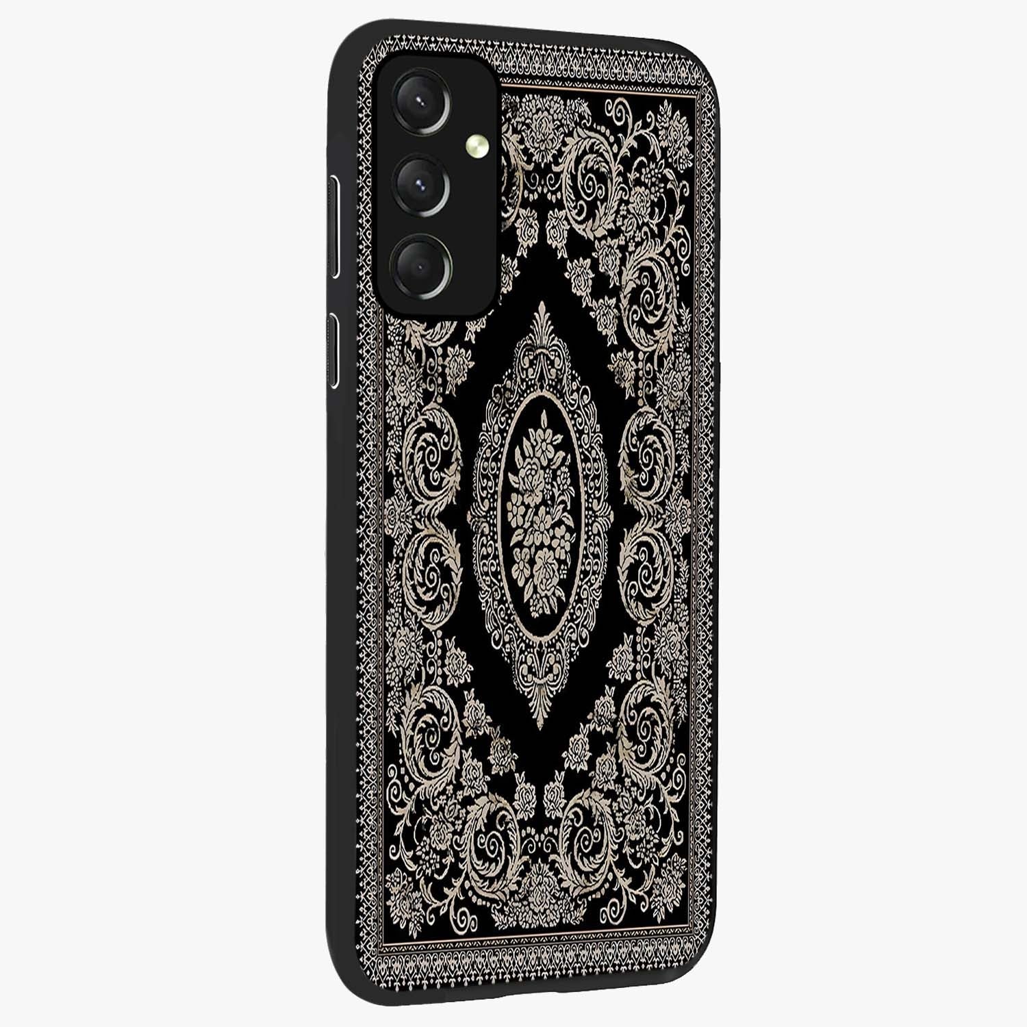 Noir Bloom Elegance Glass Case upright view showcasing graceful floral artwork with luxurious dark theme.