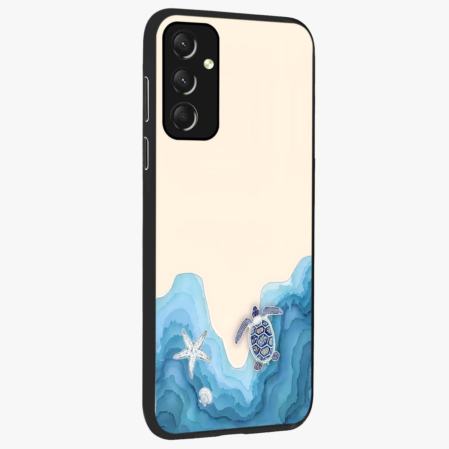 Ocean Drift Turtle Glass Case upright view showcasing calm underwater turtle artwork with nature inspired theme.