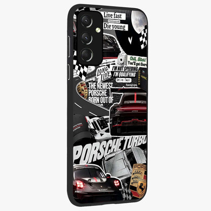 Porsche Racing Collage Glass Case upright view showcasing energetic car collage artwork with high speed racing theme.