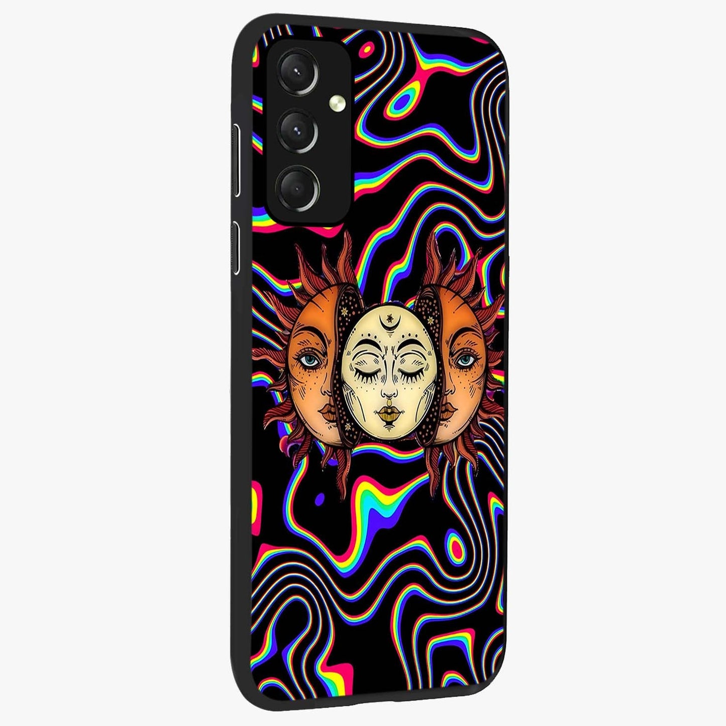 Psychedelic Sun Glass Case upright view showcasing trippy sun artwork with bold psychedelic theme.