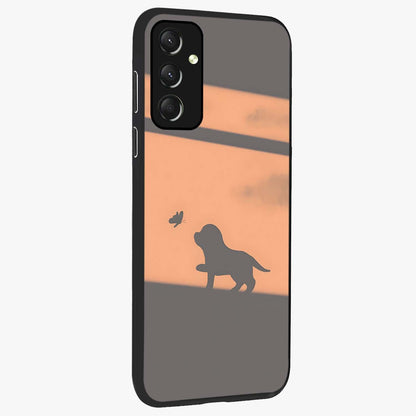 Puppy Shadow Art Glass Case upright view showcasing charming puppy artwork with creative silhouette theme.
