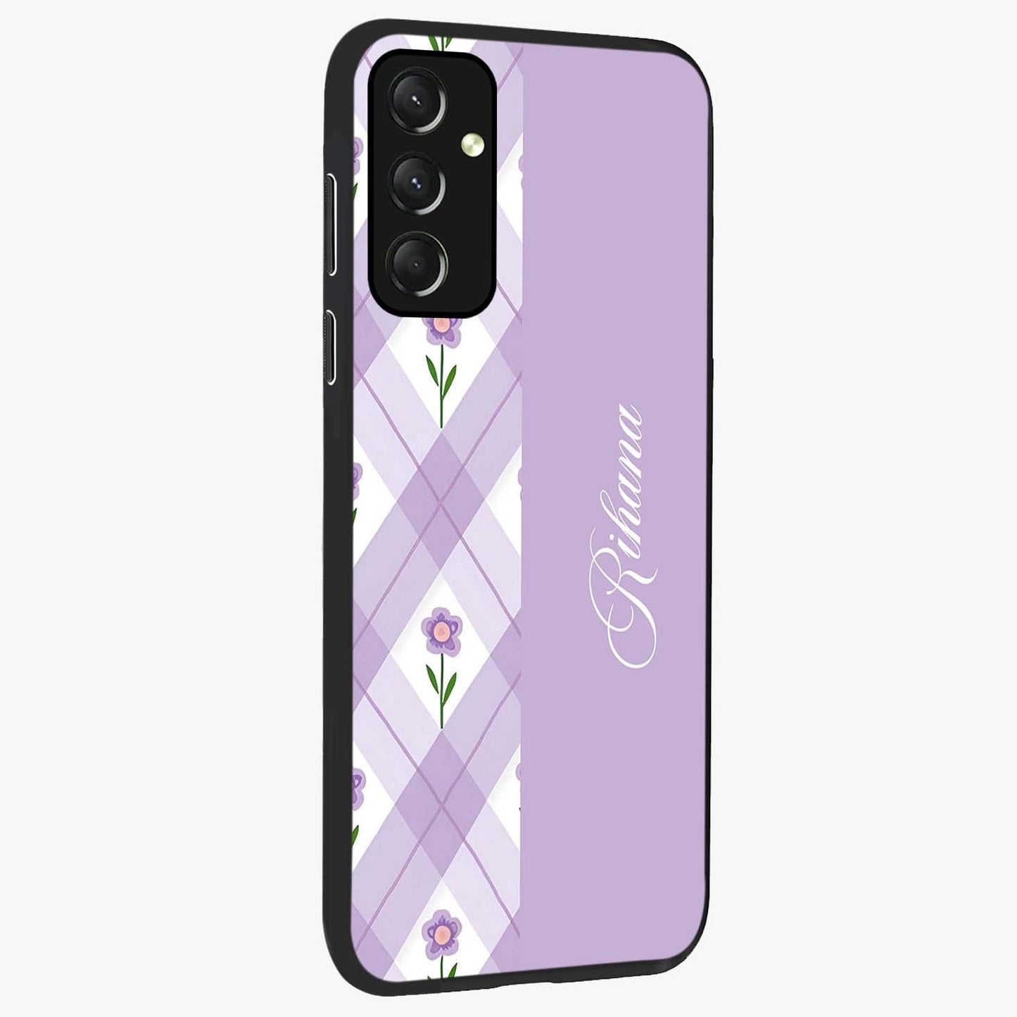 Purple Diamond Floral Glass Case upright view showcasing vibrant floral artwork with stylish geometric theme.