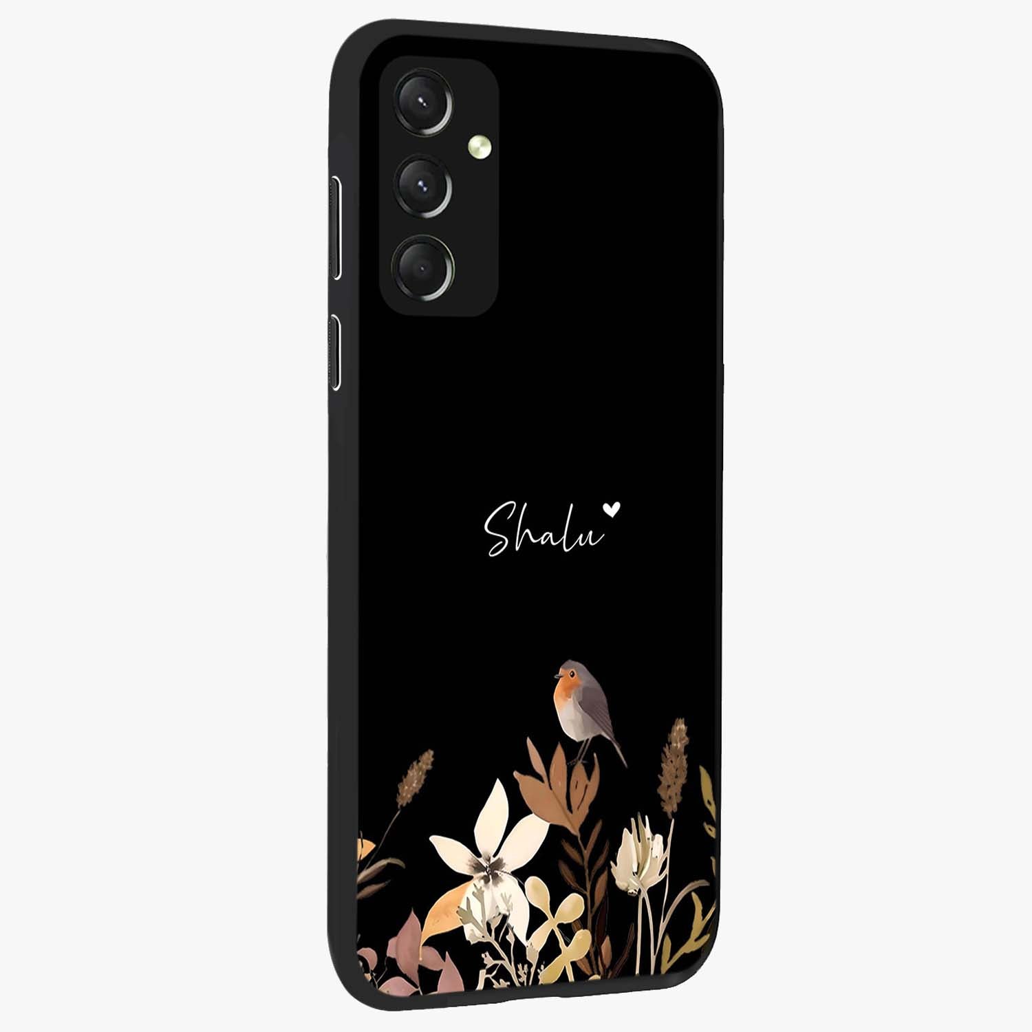 Quiet Garden Tune Custom Name Glass Case upright view showcasing serene botanical artwork with personalized aesthetic.