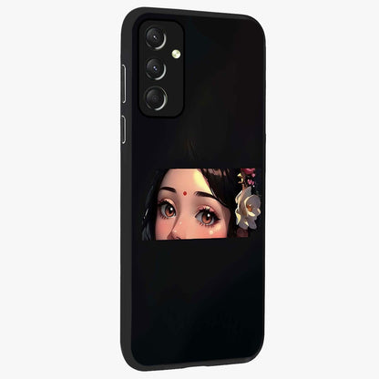 Radha Divine Embrace Glass Case upright view showcasing sacred Radha themed artwork with peaceful devotional style.