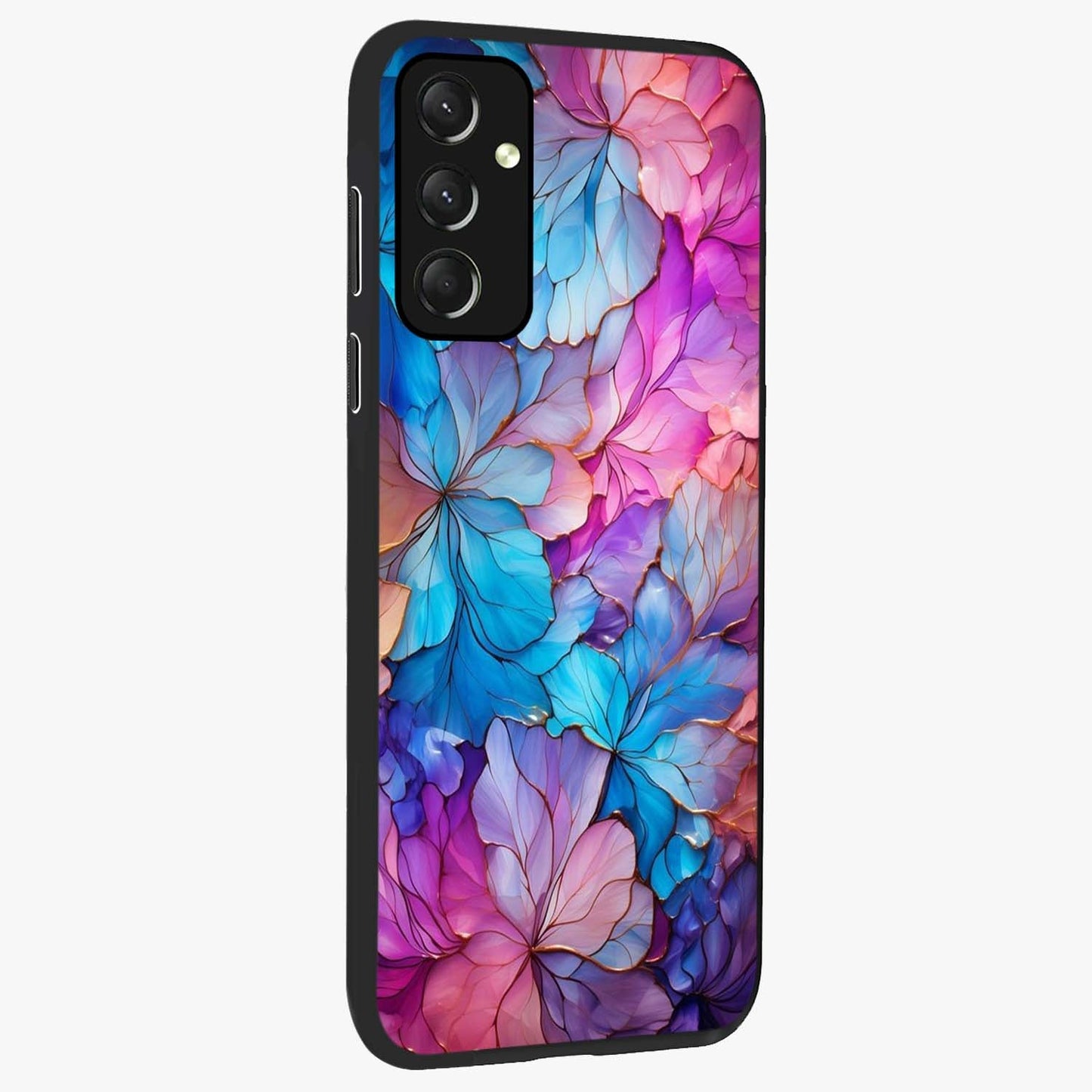 Radiant Floral Whirl Glass Case upright view showcasing lively floral artwork with decorative swirl theme.