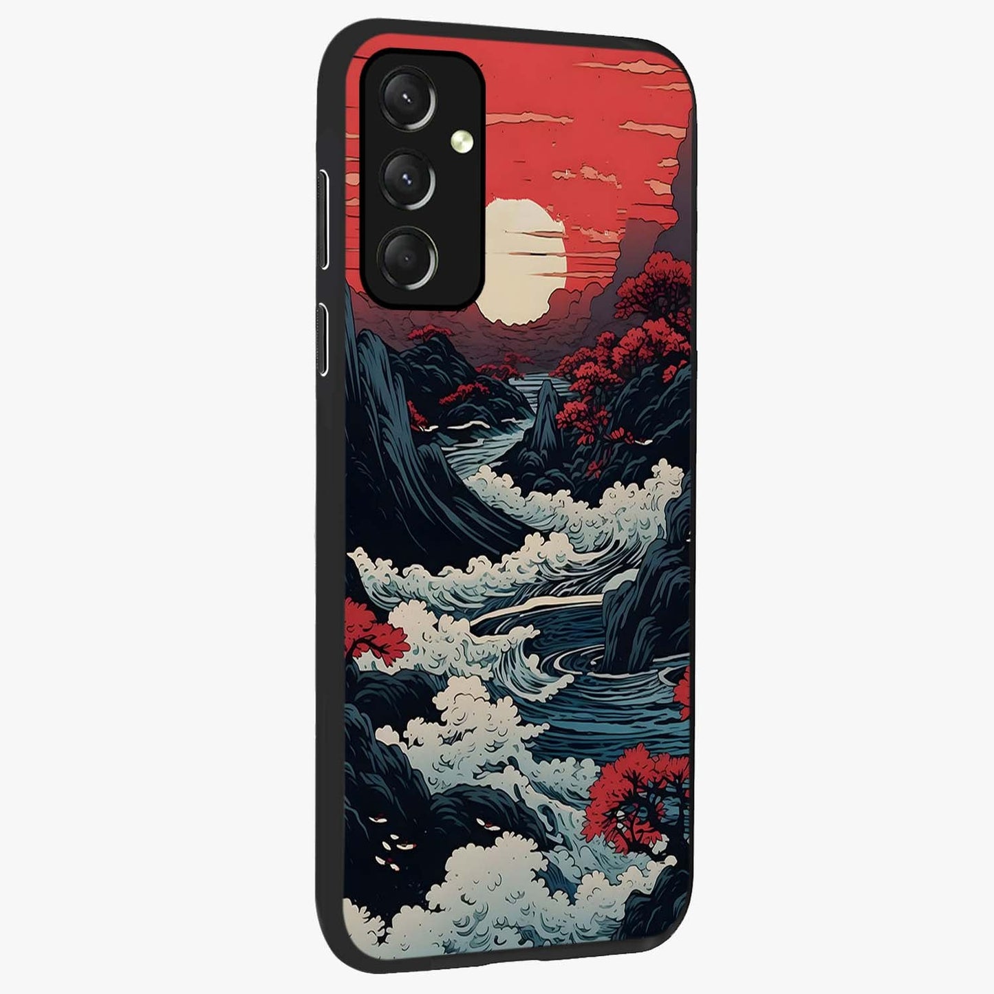 Red Sunset Scenery Glass Case upright view showcasing dramatic sunset scenery artwork with warm nature theme.