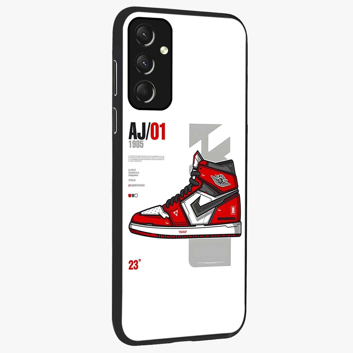 Retro Sneaker Blueprint Glass Case upright view showcasing stylish sneaker illustration with vintage streetwear theme.