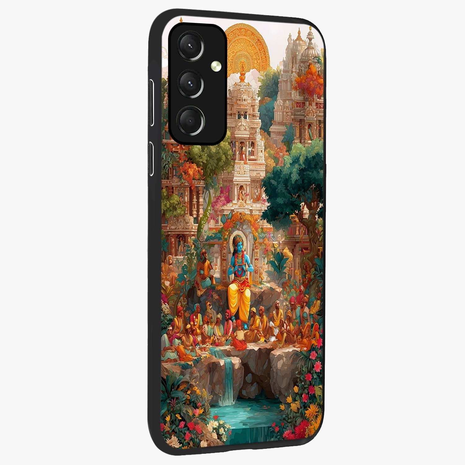 Sacred Sunlight Gods Glass Case upright view showcasing glowing divine artwork with sacred mythological theme.