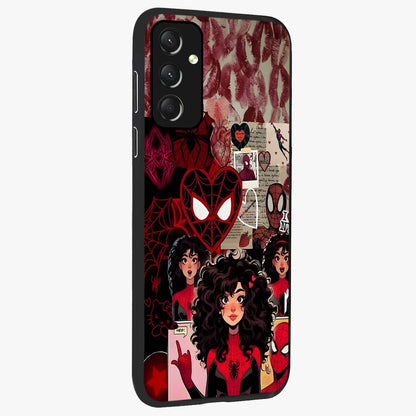 Spider Love Story Glass Case upright view showcasing charming superhero artwork with romantic comic theme.