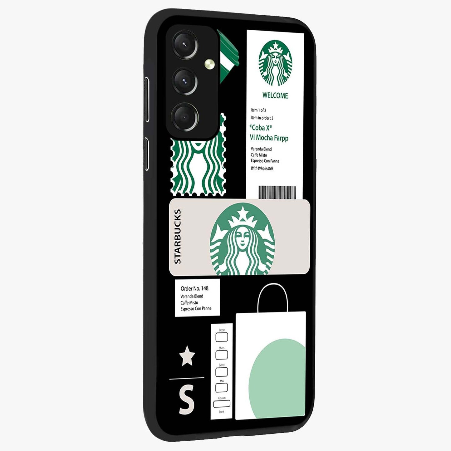 Starbucks Mocha Glass Case upright view showcasing trendy coffee inspired artwork with modern lifestyle theme.