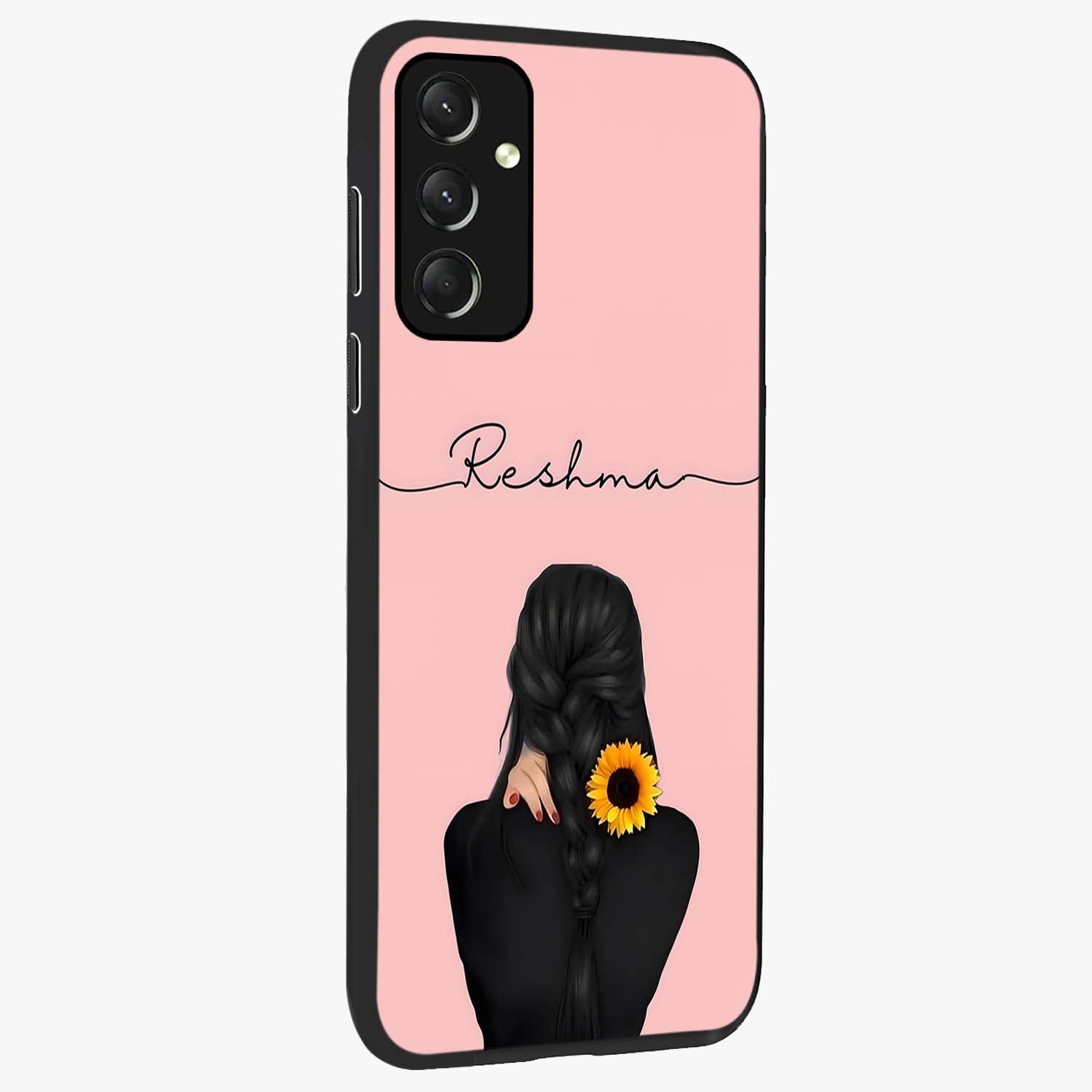 Sunflower Braid Beauty With Custom Name Glass Case upright view showcasing bright sunflower artwork with personalized floral aesthetic.