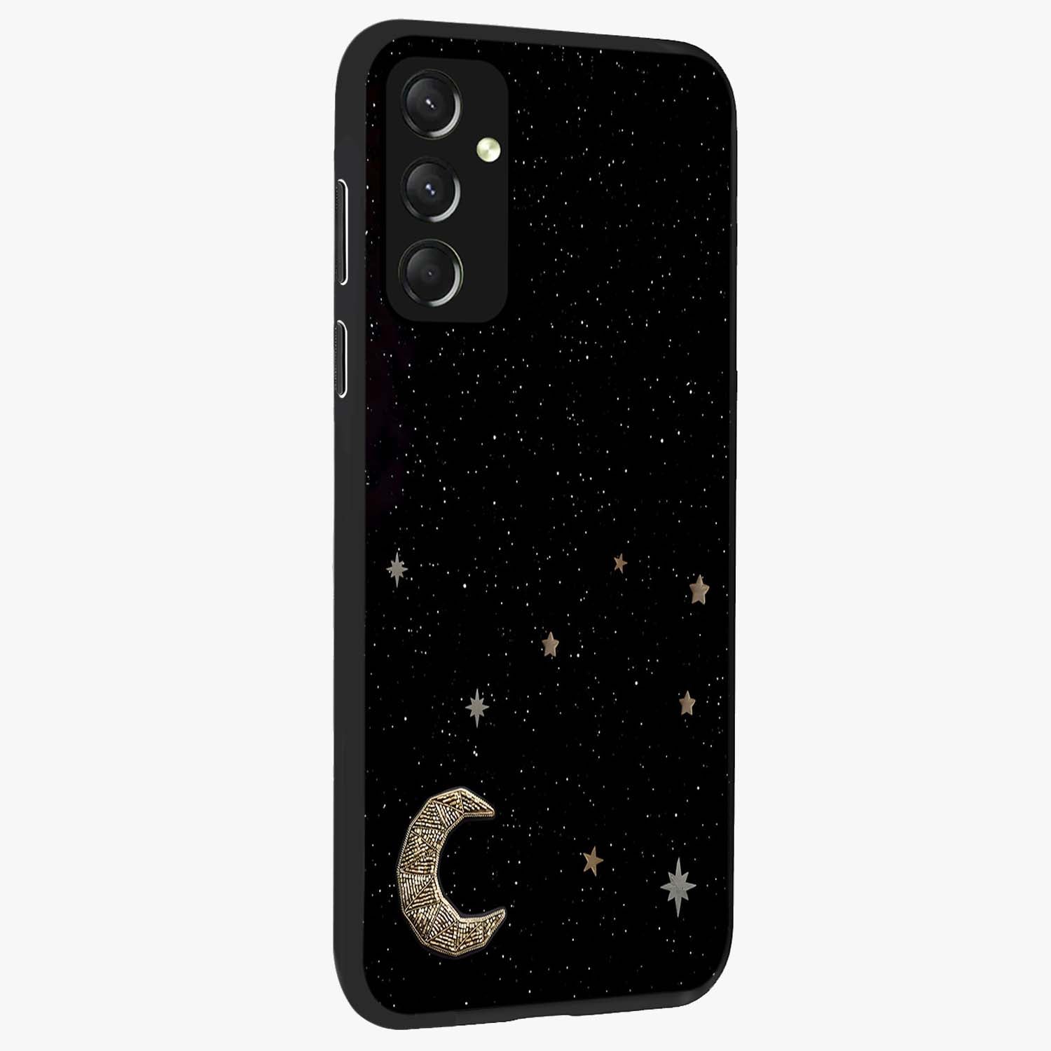 Twinkle Star With Half Moon Glass Case upright view showcasing glowing cosmic artwork with dreamy night theme.