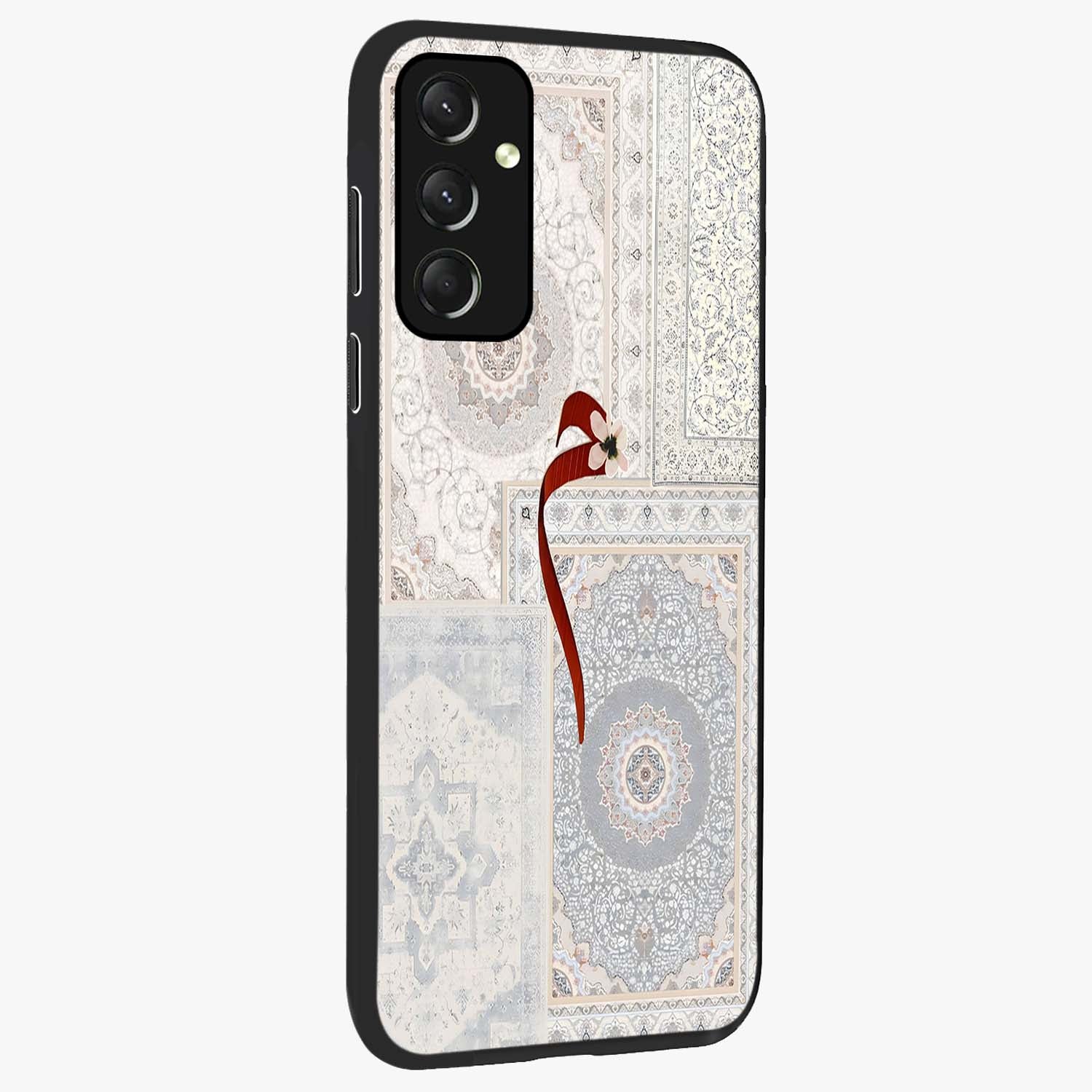 White Aesthetic Bow Glass Case upright view showcasing delicate ribbon bow artwork with cute minimalist theme.
