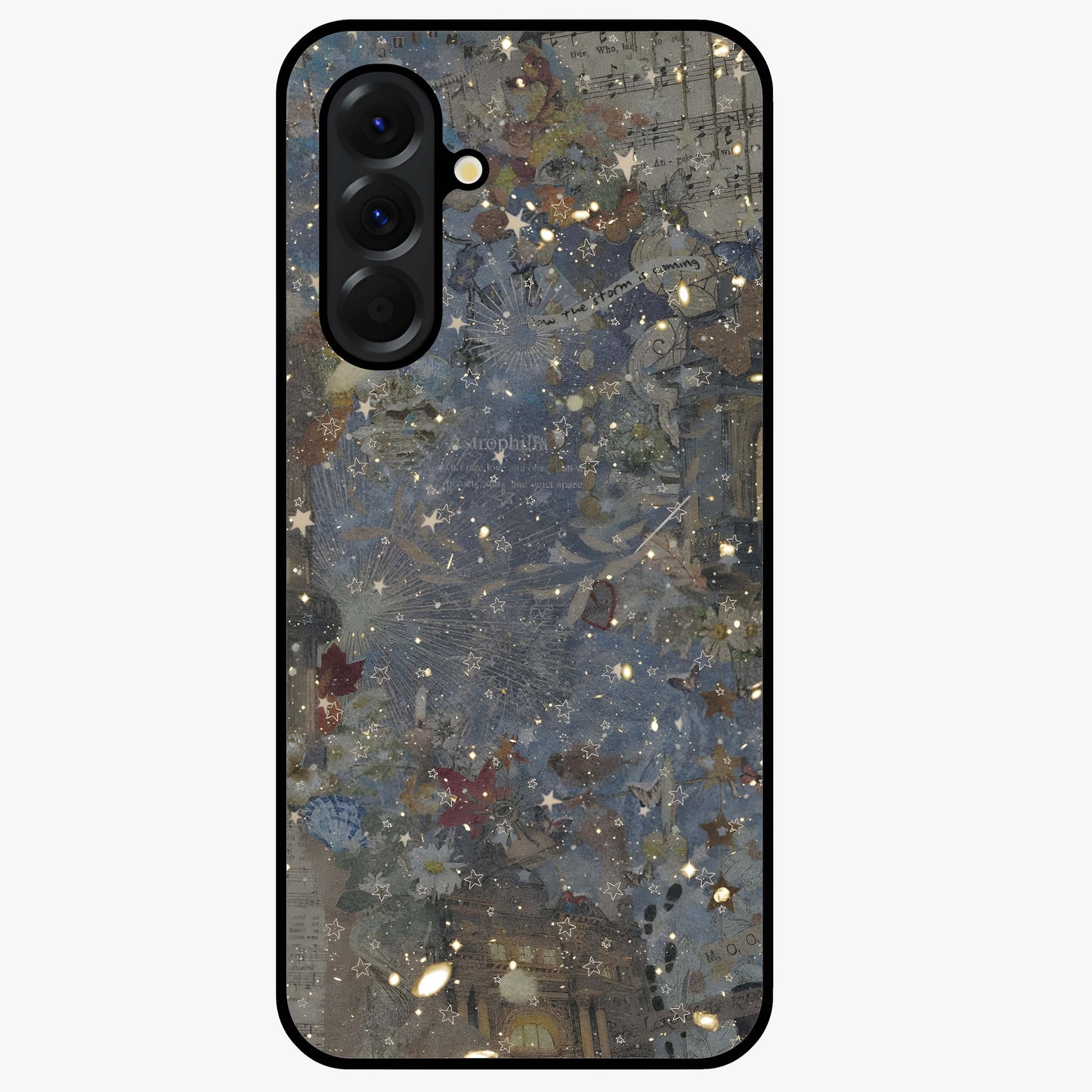 Aesthetic Astrolophia Glass Case showing flat back view with dreamy aesthetic design and glossy glass finish.