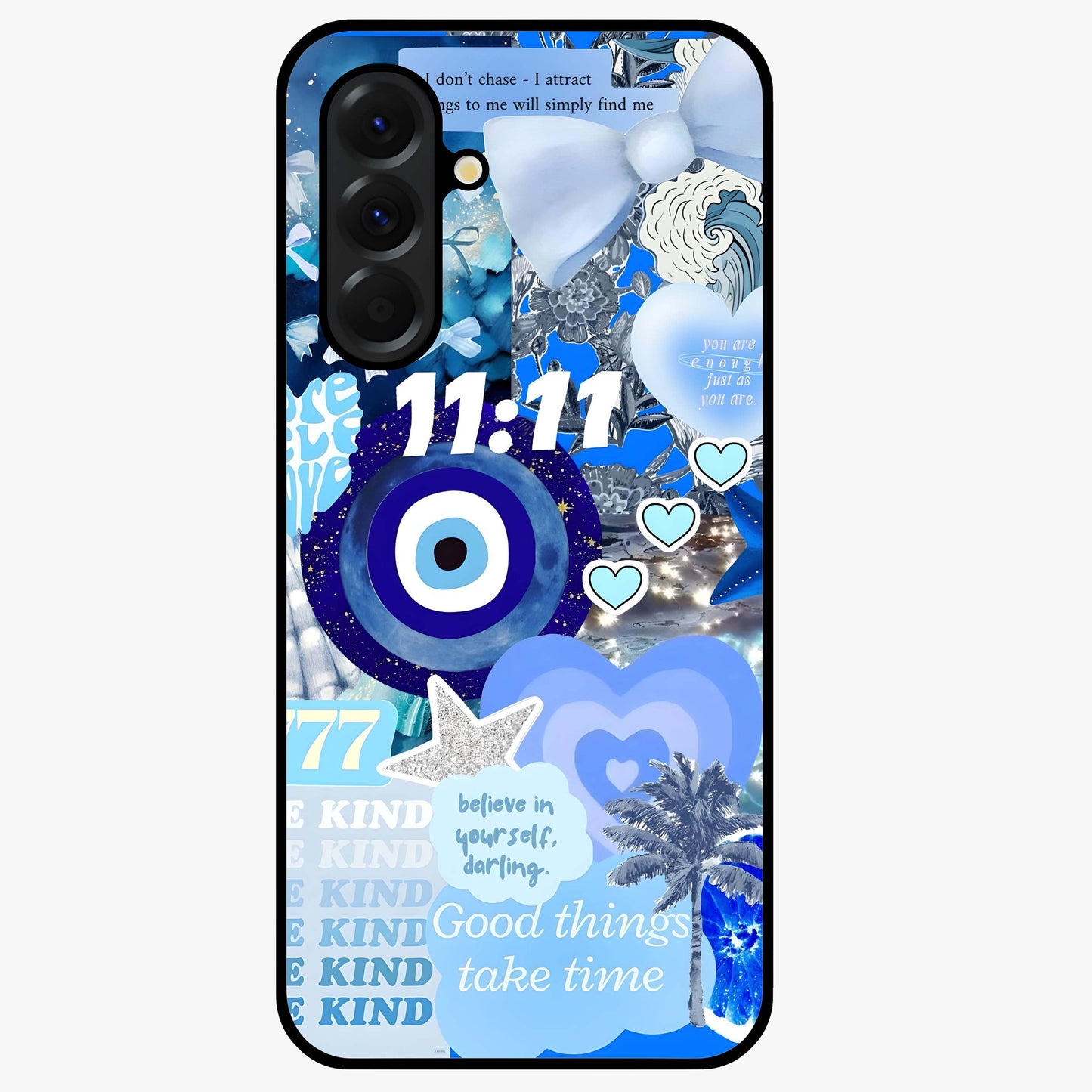 Aesthetic Be Kind Eye Glass Case showing flat back view with motivational eye artwork and glossy glass finish.