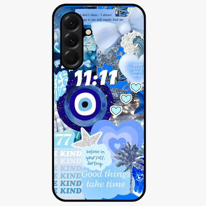 Aesthetic Be Kind Eye Glass Case showing flat back view with motivational eye artwork and glossy glass finish.
