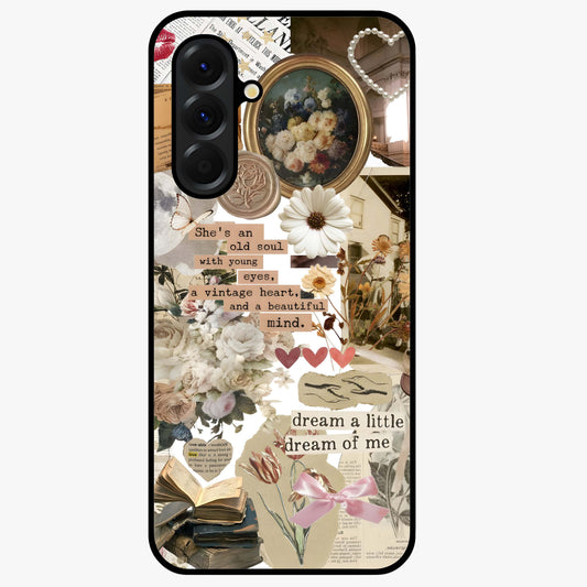 Aesthetic Brown Vintage Collage Glass Case showing flat back view with retro collage artwork and glossy glass finish.