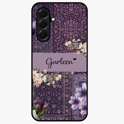 Antique Floral Whisper Custom Name Glass Case showing flat back view with vintage floral artwork and personalized name design.