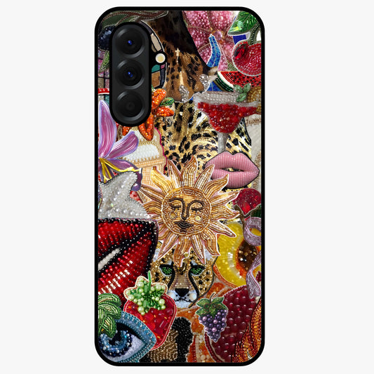 Beaded Fashion Jungle Glass Case showing flat back view with vibrant jungle inspired bead artwork and glossy glass finish.