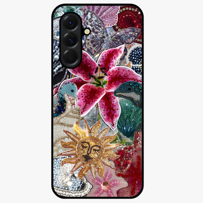 Beaded Garden Fantasy Glass Case showing flat back view with dreamy garden bead artwork and glossy glass finish.