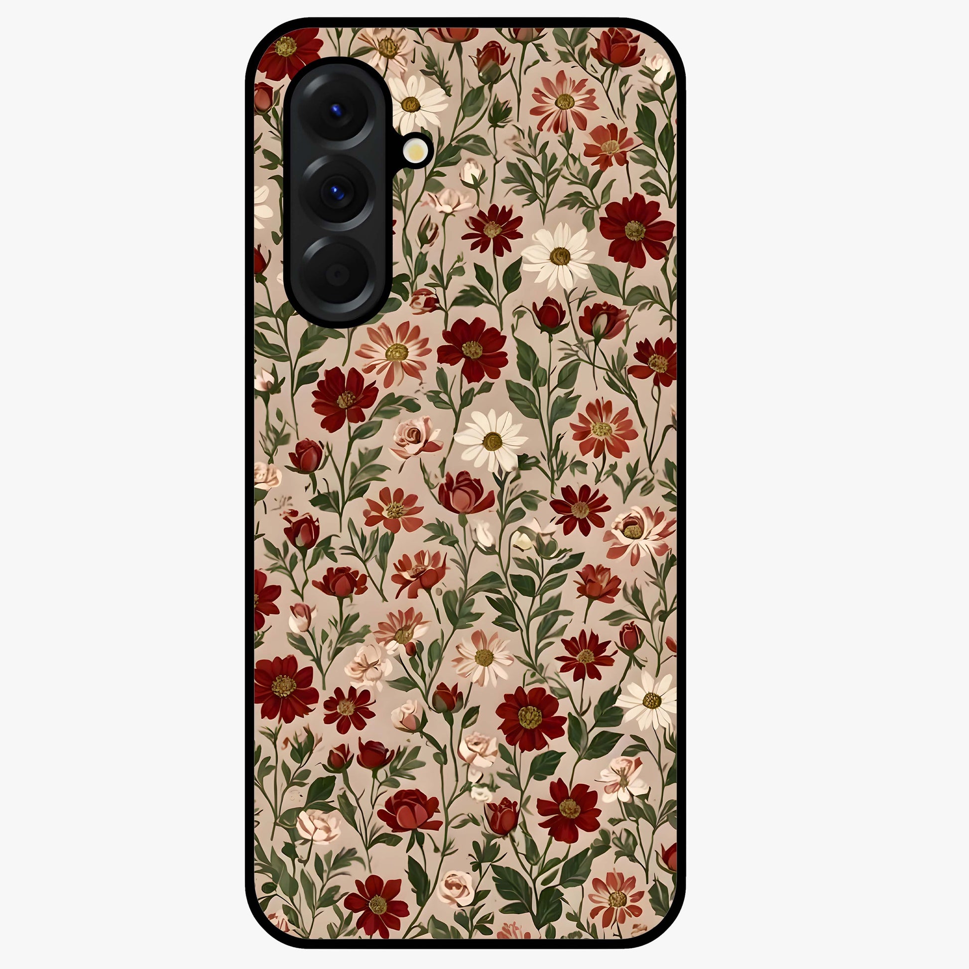 Biege Flower With Leaf Glass Case showing flat back view with soft beige floral artwork and glossy glass finish.