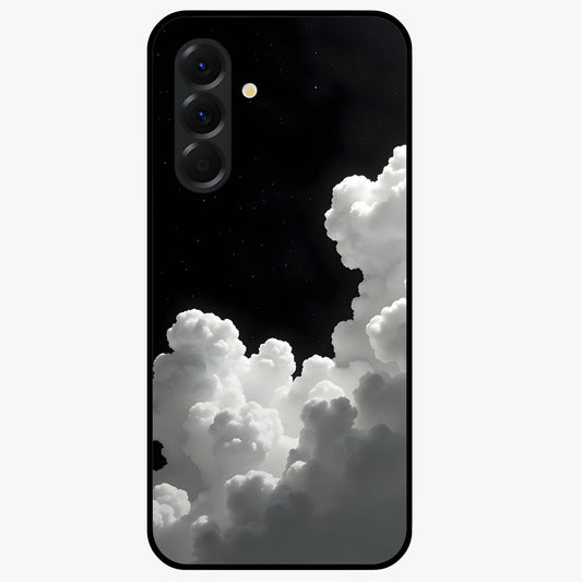 Black Background With White Cloud Glass Case showing flat back view with minimal cloud artwork on dark background and glossy glass finish.