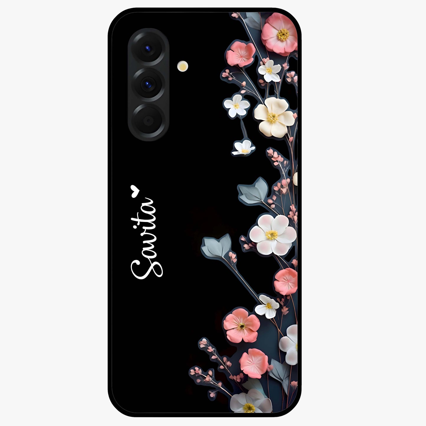 Black Elegance Floral Custom Name Glass Case showing flat back view with elegant floral artwork and personalized name design.
