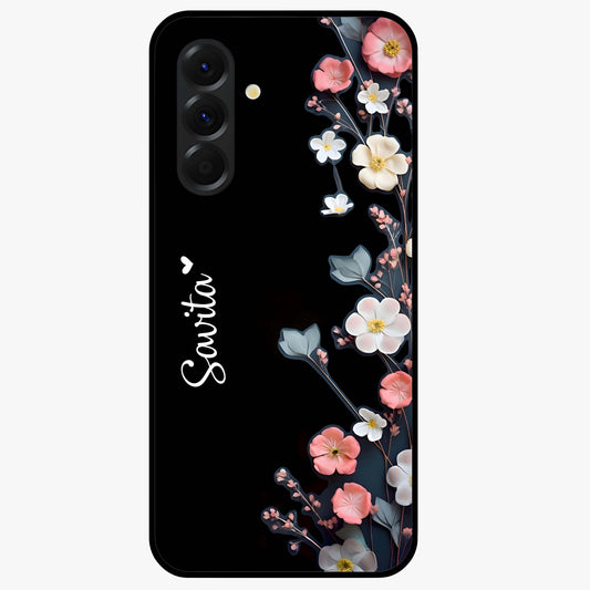 Black Elegance Floral Custom Name Glass Case showing flat back view with elegant floral artwork and personalized name design.