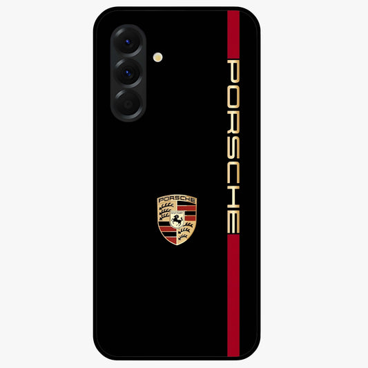 Black Minimal Porsche Glass Case showing flat back view with sleek minimal sports car artwork and glossy glass finish.