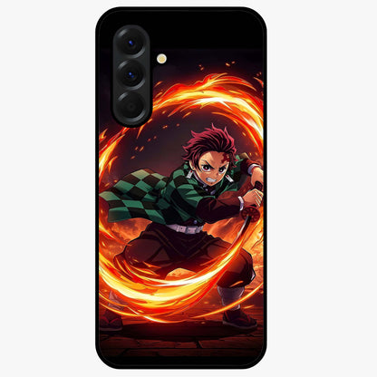 Blazing Sword Resolve Glass Case showing flat back view with fiery sword artwork and glossy glass finish.