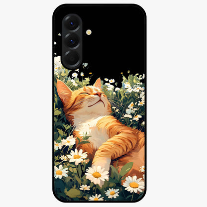 Blissful Bloom Cat Glass Case showing flat back view with cute cat and floral bloom artwork and glossy glass finish.