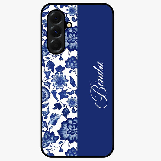 Blue Vintage Floral Pattern Glass Case upright view showcasing timeless floral illustration with vintage inspired style.