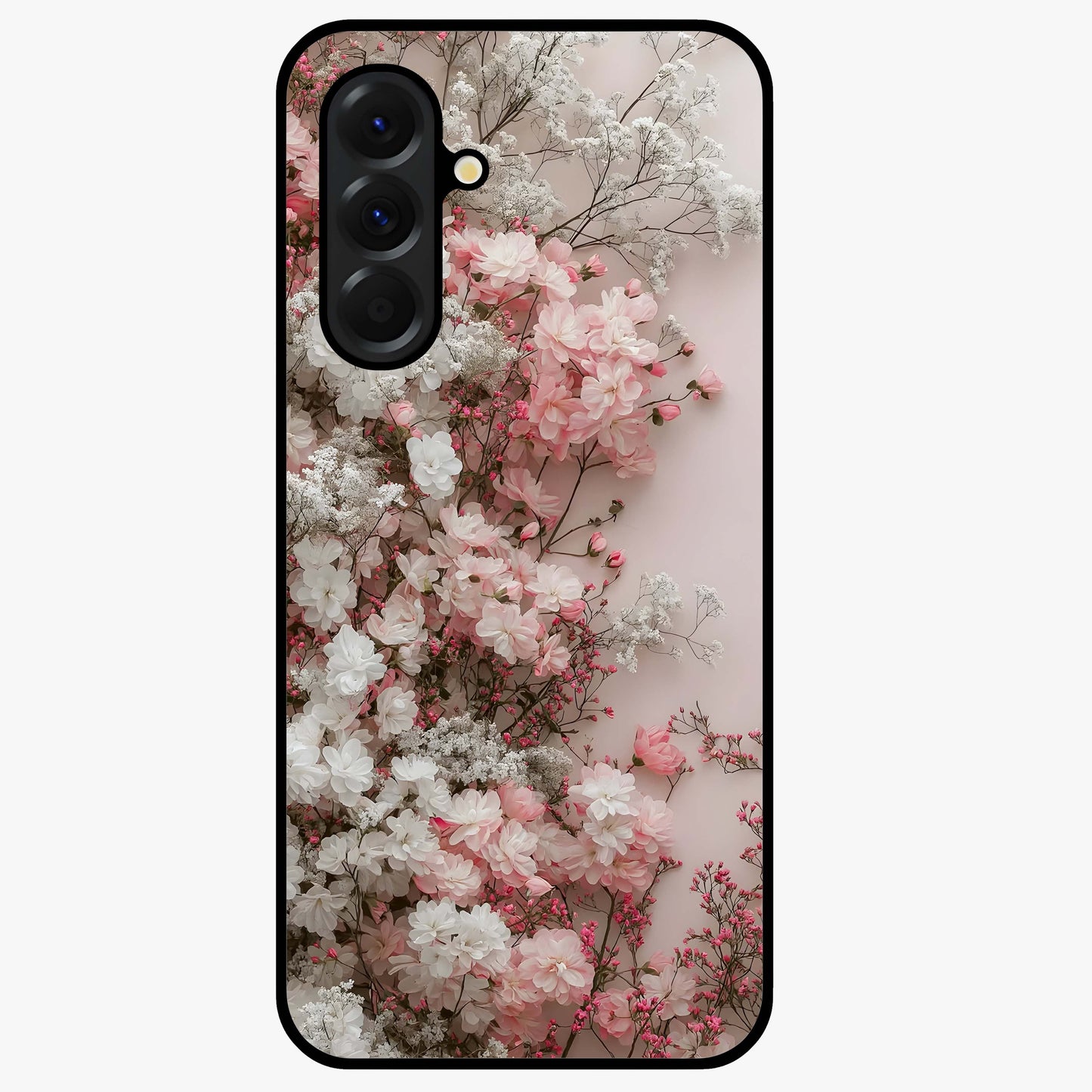 Blush Blossom Cloud Glass Case showing flat back view with dreamy blush cloud blossom artwork and glossy glass finish.