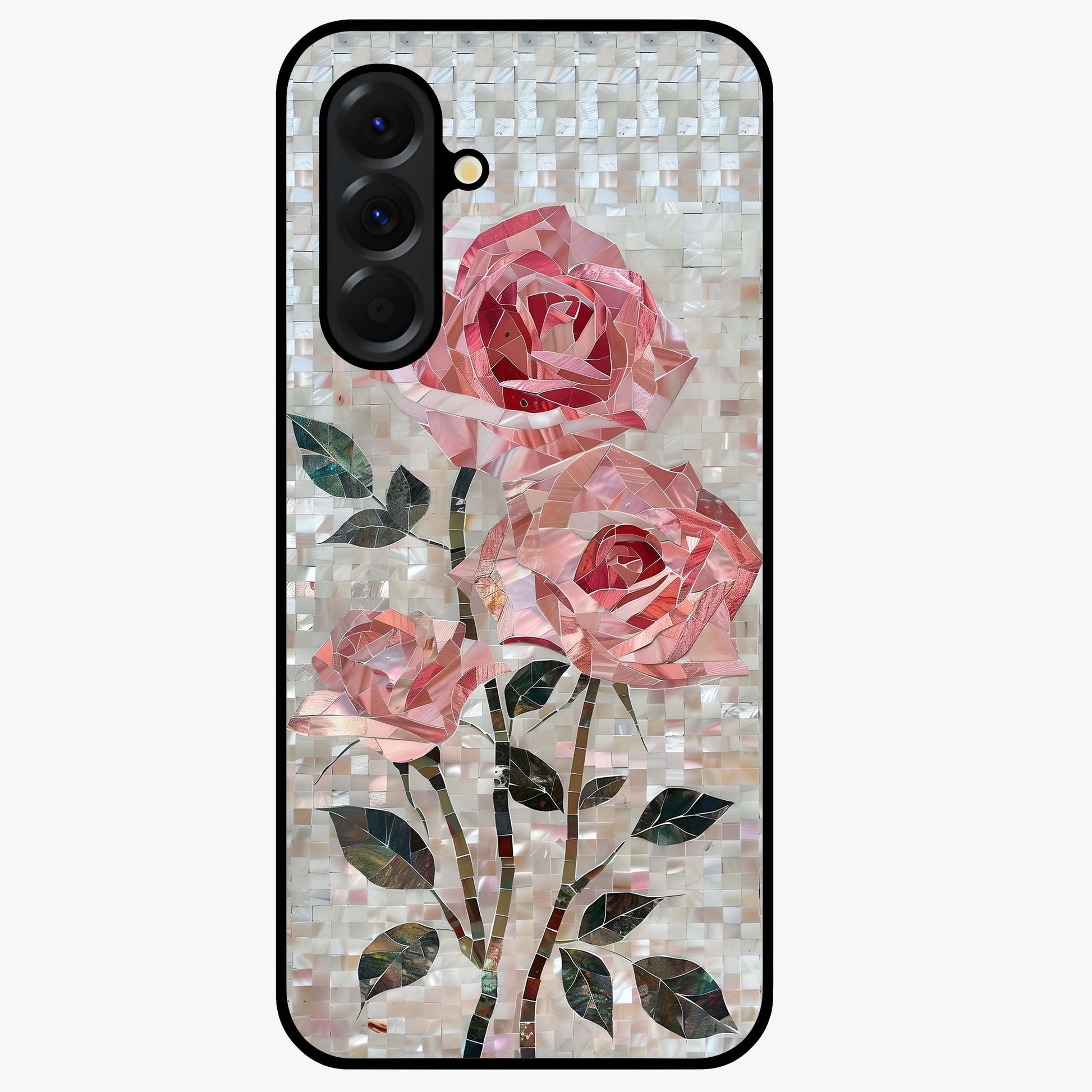 Blush Mosaic Bloom Glass Case showing flat back view with mosaic floral bloom artwork and glossy glass finish.