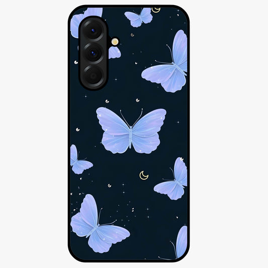 Butterfly With Stars Pattern Glass Case showing flat back view with butterfly and star pattern artwork and glossy glass finish.
