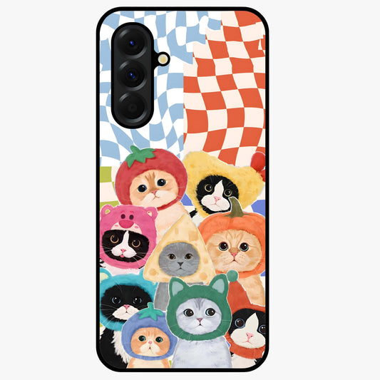 Cats in Fruits Glass Case showing flat back view with playful cat illustrations inside fruit artwork and glossy glass finish.