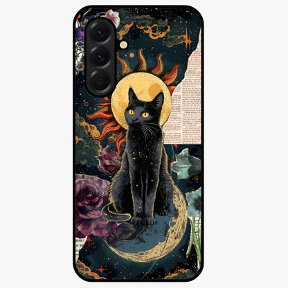 Celestial Black Cat Glass Case showing flat back view with mystical black cat artwork and glossy glass finish.