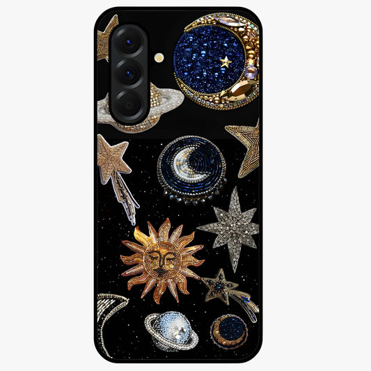 Celestial Gem Constellations Glass Case showing flat back view with sparkling constellation artwork and glossy glass finish.